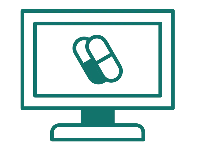 An icon of a computer monitor with a capsule pill in the center.