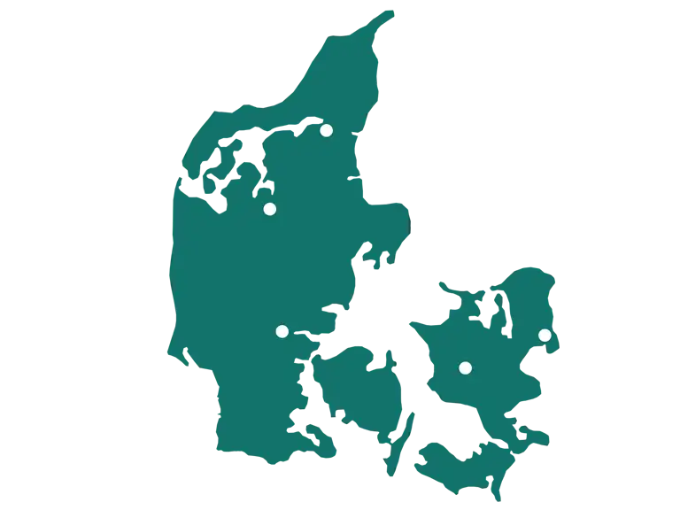 Silhouette map of Denmark with marked locations.