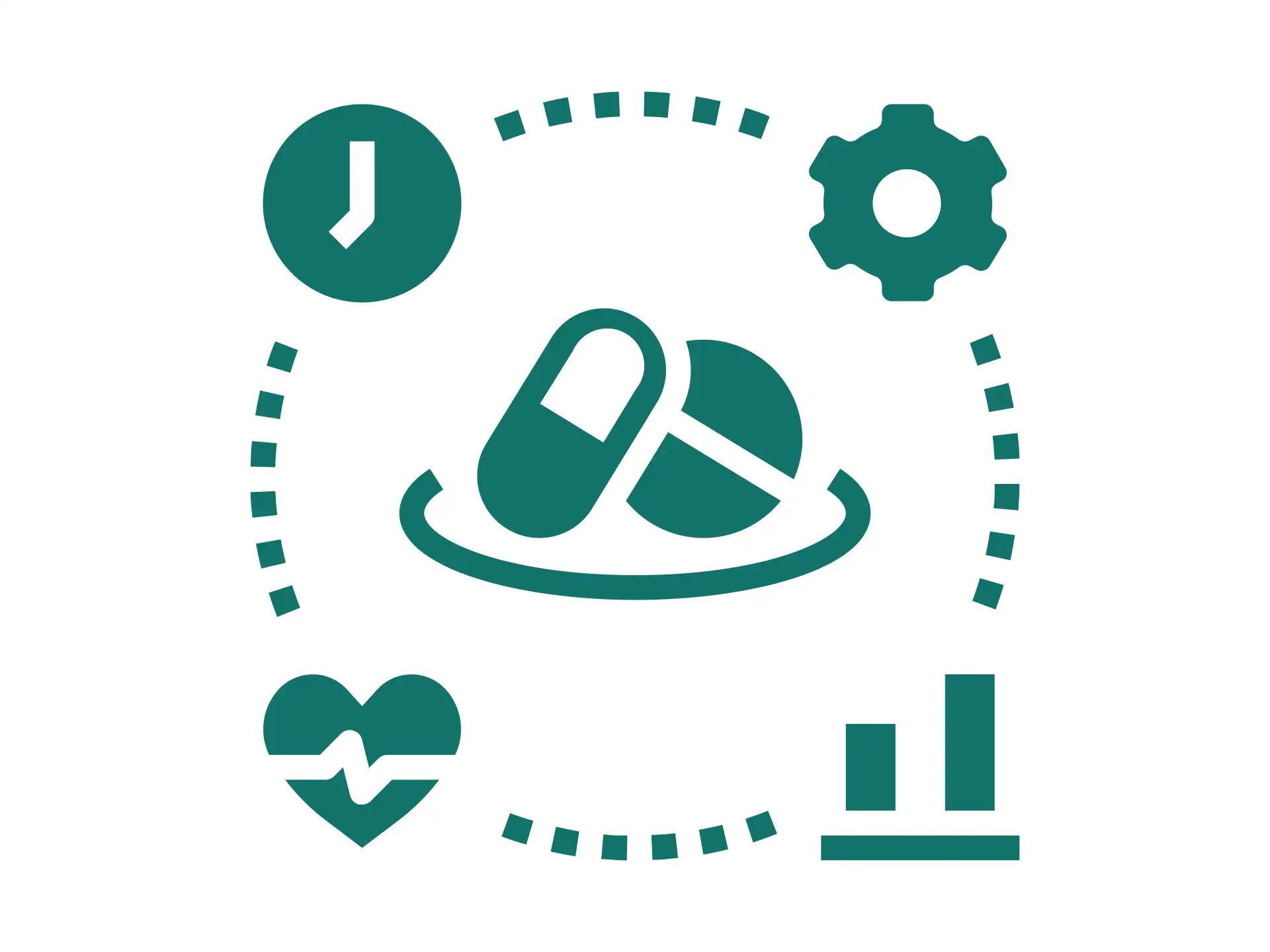 Icon of a circle surrounded by a clock, gear, capsule pill, heart pulse, and chart.